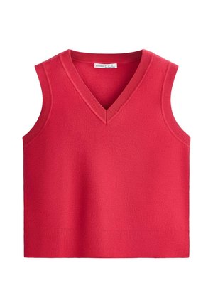 Červená pletená bezrukávová vesta s výstrihom do V a rebrovaným lemom pozdĺž výstrihu, armholes a spodného okraja.