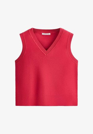 Rode mouwloze gebreide trui met V-hals en geribde biezen langs de halslijn, armsgaten en zoom.