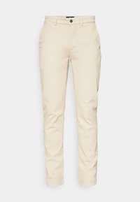 Beige bomullsbukser med slim fit, med standard liv, frontlommer og knappelukking. Jevn tekstur, minimalistisk design.