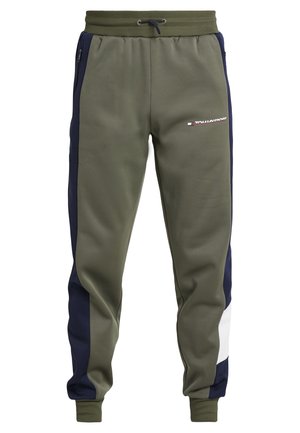 Pantalones jogger verdes de mezcla de algodón con paneles laterales azul marino, cintura elástica con cordón y pequeño detalle de logotipo en la parte delantera.