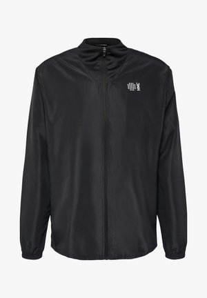 Zwarte lichtgewicht zip-up jas met een opstaande kraag, elastische manchetten en een klein logoontwerp op de bovenste linkerkant van de borst.