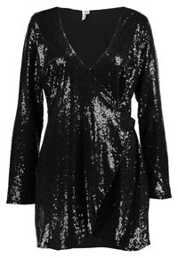 Svart paljettklänning med V-ringning, långa ärmar och asymmetrisk omslagsdesign. Glittrande textur med en slät innerfoder.