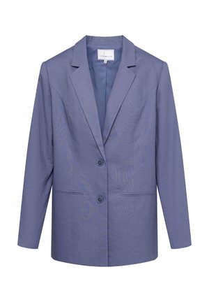 Blazer lavanda realizzato in un tessuto strutturato; presenta un collo a punta, due bottoni, due tasche anteriori e maniche lunghe.