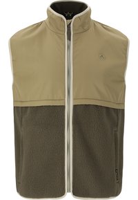 Beige och mörkgrön ärmlös väst med hög krage, har en slät övre del och en texturerad nedre del, dragkedjestängning och logodetalj.