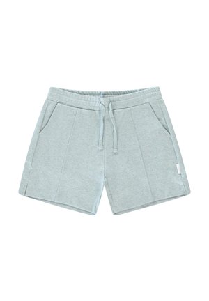 Shorts en coton gris clair avec taille à cordon, poches latérales et devant plat. Texture lisse avec des détails de couture subtils.