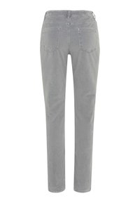 Graue Baumwollhosen mit geradem Schnitt, zwei Gesäßtaschen und einem Bund. Der Stoff hat eine weiche Textur und eine glatte Oberfläche.