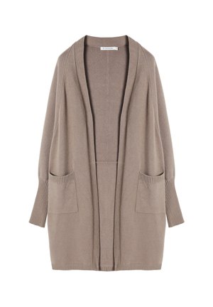 Beige Cardigan aus weichem Stoff, mit offenem Vorderdesign, gerippten Ärmeln und zwei vorderen Taschen für Funktionalität.