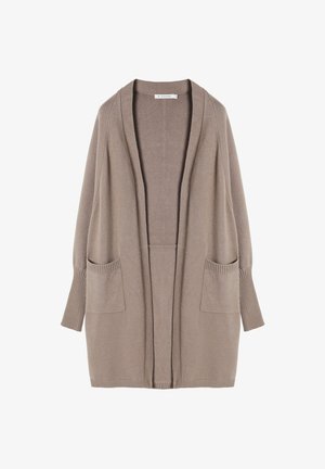 Beige Cardigan aus weichem Stoff, mit offenem Vorderdesign, gerippten Ärmeln und zwei vorderen Taschen für Funktionalität.