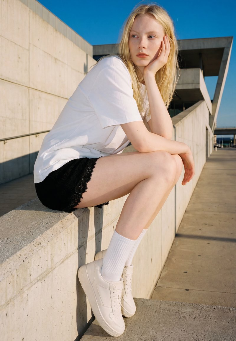 Ung kvinde i hvid skjorte, sorte shorts og hvide sneakers sidder på en betonkant mod en moderne bygning under en klar blå himmel.