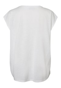 T-shirt bianco a maniche corte, vestibilità rilassata, scollatura rotonda, texture morbida, bordo posteriore leggermente curvo, semplice senza fantasie o dettagli.