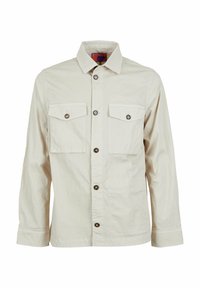 Camicia beige a bottone realizzata in tessuto leggero, con due tasche frontali, bottoni marroni e colletto a punta.