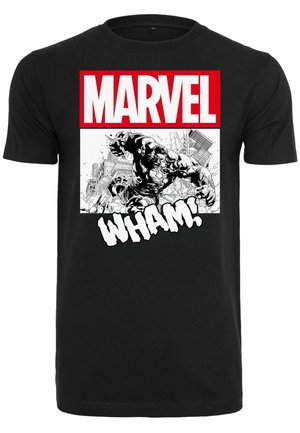 Sort bomulds T-shirt med et grafisk design, der har ordet "MARVEL" i rødt og en illustration af en karakter med teksten "WHAM!" i hvidt.