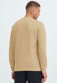 Felpa a maniche lunghe beige con un motivo a coste testurizzato, scollatura rotonda e polsini aderenti. La vista posteriore mostra cuciture lisce e un fit rilassato.