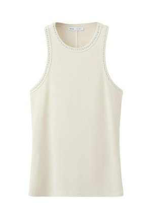 Kremno obarvan top brez rokavov z rebrasto teksturo, okroglim izrezom in majhnimi bisernimi okraski ob robovih.