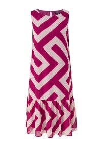 Ärmelloses Kleid mit einem pinken Zickzackmuster auf einem elfenbeinfarbenen Hintergrund, mit ausgestelltem Saum und einem Reißverschluss hinten. Hergestellt aus leichtem Stoff.