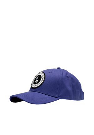 Berretto da baseball blu con visiera curva e una toppa tonda bianca e nera davanti con logo di un uccello e testo.