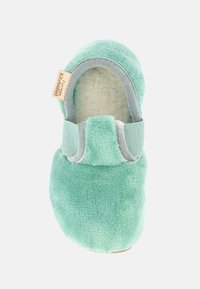 Pantofole verdi e soffici con una texture morbida, caratterizzate da un elastico sul davanti e una fodera pelosa. Accenti grigio chiaro completano il design.
