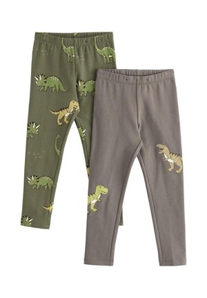 Two pairs of children's leggings: one olive green with dinosaur prints, and one gray featuring a dinosaur appliqué on the thigh.