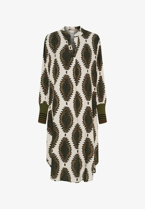 Langærmet kjole i let stof med et abstrakt brun og grøn mønster på en cremefarvet baggrund. Inkluderer en revet krave og ribbede manchetter.