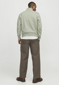 Light green sweatshirt with a high collar, ribbed cuffs, and hem, paired with brown wide-leg trousers and dark shoes. Plain background.