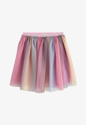 Kort plisseret nederdel med pastel regnbuefarver og glitrende glitterdetaljer på tylstof med elastisk taljebånd.