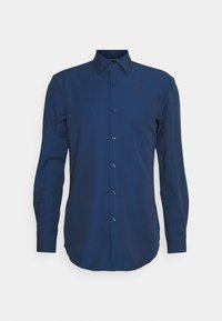 Mörkblå långärmad skjorta i slät tyg, med ett subtilt prickmönster, knäppning och en klassisk krage.