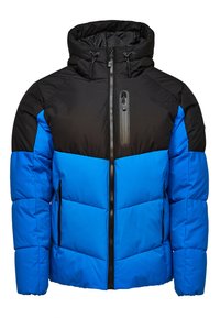 Gepolsterte Jacke mit einem schwarzen Oberteil und einem leuchtend blauen Unterteil. Verfügt über eine Brusttasche mit Reißverschluss und zwei Fronttaschen sowie eine verstellbare Kapuze.
