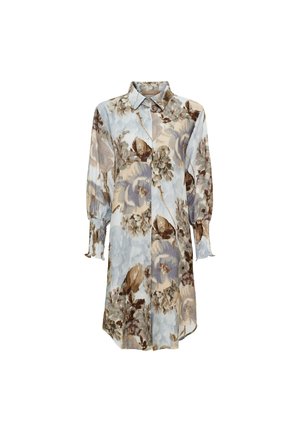 Skjortekjole med lange ærmer med blå og beige blomsterprint, smockmanchetter, krave og midi-længde.
