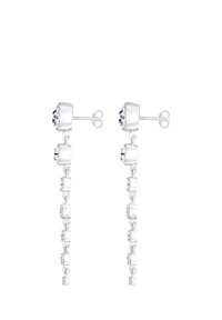 Sidabriniai lašo formos auskarai su stačiakampiais ir apvaliais skaidriais krištolais, linijinio dizaino, su saugiu užsegimu užpakalinėje dalyje.