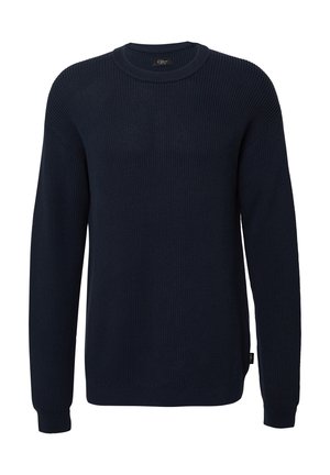Marineblaues geripptes Strickpullover mit Rundhalsausschnitt, langen Ärmeln und gesäumten Bündchen. Verfügt über ein dezentes Logoschild an der Seite.