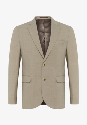 Bež blazer iz teksturirane tkanine, enoredni kroj, dve sprednji žepi in dve gumba. Podložen v temnejši odtenek.