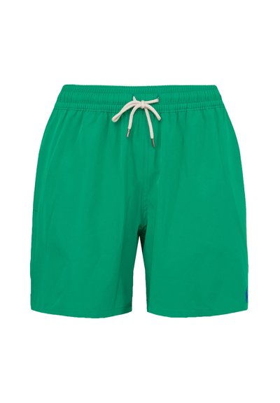 Pantaloni da bagno verdi con cintura elastica, cordino crema e tasche laterali. Realizzati in tessuto leggero e liscio.