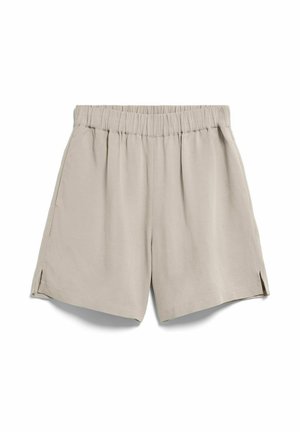 Light beige elastic waist shorts with side slits, made of soft fabric, displayed flat on white background.