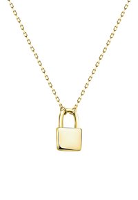 Goldene Kettenhalskette mit einem polierten Vorhängeschloss-Anhänger, der eine glatte Oberfläche und abgerundete Kanten aufweist, wodurch sein metallischer Glanz betont wird.