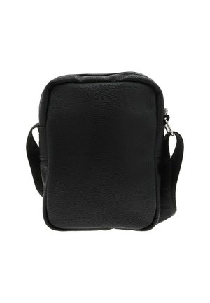 Sac en cuir noir en bandoulière de forme rectangulaire, surface texturée, bandoulière réglable et quincaillerie en argent pour la fermeture éclair.