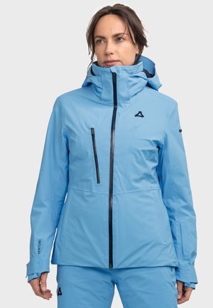 Helle blaue wasserfeste Jacke mit hohem Kragen, Vorderreißverschluss und verstellbaren Bündchen. Mit einem Logo auf der Brust und einer taillierten Passform.