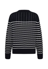 Pull noir avec des rayures horizontales blanches et des lignes verticales perforées, manches longues, ourlet et poignets côtelés, montré de dos.