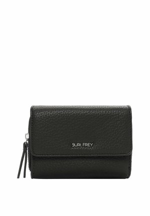 Black leather wallet with a textured finish, featuring a flap closure, silver-tone hardware, and a zippered compartment on the side.