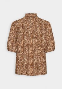 Blouse manches courtes imprimé léopard marron et beige avec un col haut à volants et un tissu froncé au dos.