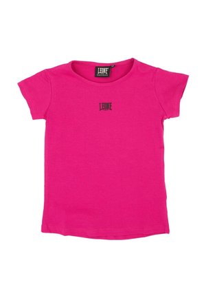 T-shirt rose vif à manches courtes et col rond, avec un petit logo Leone noir sur la poitrine, présenté sur un fond blanc.