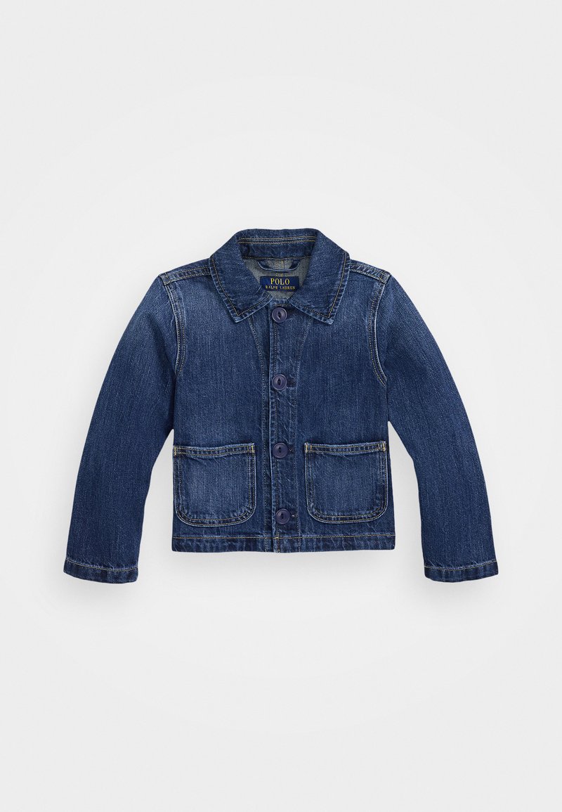 Dark blue denim jacket featuring a collar, front buttons, two patch pockets, and contrast stitching. Smooth texture and relaxed fit.