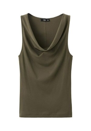 Top verde măsliniu fără mâneci, cu decolteu drapat și margine dreaptă, realizat dintr-un material moale.