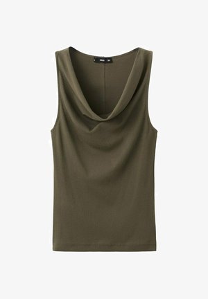 Top verde măsliniu fără mâneci, cu decolteu drapat și margine dreaptă, realizat dintr-un material moale.