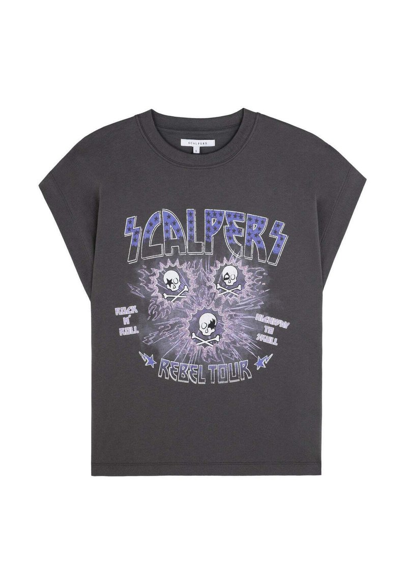 Gray short-sleeve t-shirt featuring a bold graphic design with skulls, lightning, and text "SCALPERS REBEL TOUR." Made from cotton fabric.