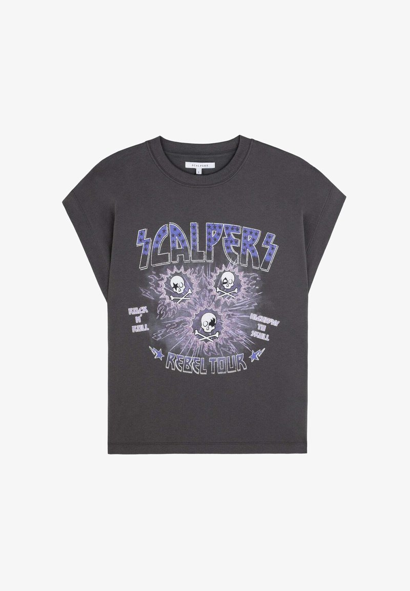 Graues T-Shirt mit kurzen Ärmeln, das ein auffälliges Grafikdesign mit Totenschädeln, Blitzen und dem Text "SCALPERS REBEL TOUR" zeigt. Hergestellt aus Baumwollstoff.