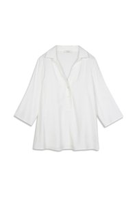 Chemise blanche à manches longues avec col, patte de boutonnage et coupe décontractée ; texture lisse avec un tissu léger et respirant.
