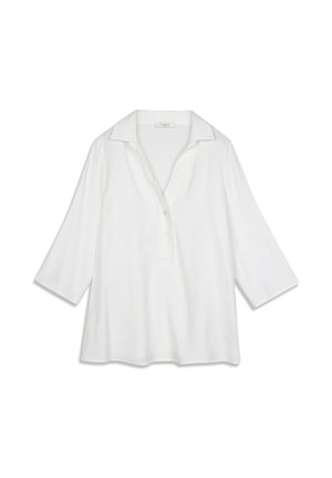 Chemise blanche à manches longues avec col, patte de boutonnage et coupe décontractée ; texture lisse avec un tissu léger et respirant.
