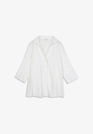 Chemise blanche à manches longues avec col, patte de boutonnage et coupe décontractée ; texture lisse avec un tissu léger et respirant.