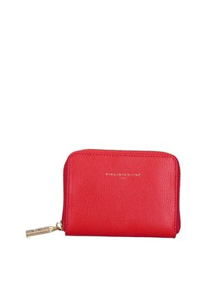 Portafoglio in pelle rossa con finitura texturizzata, chiusura a zip e nome del marchio in rilievo dorato. Forma rettangolare compatta con bordi arrotondati.