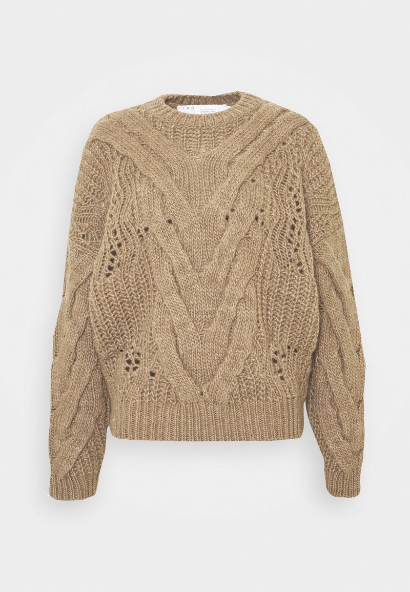 Pull beige épais en maille torsadée avec manches longues et col rond ainsi que ourlet côtelés, présentant des détails de motif en maille ajourée.